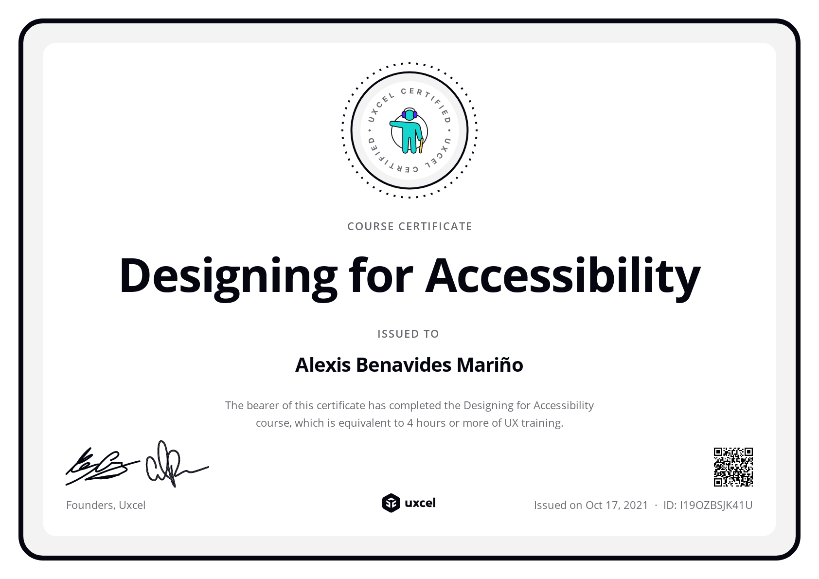 Alexis Benavides Mariño's certificate